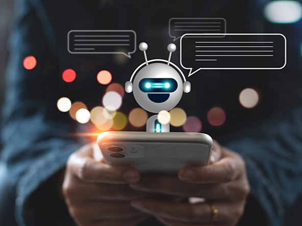 person using smartphone with an AI assistant/chatbot and speech bubbles graphic floating above